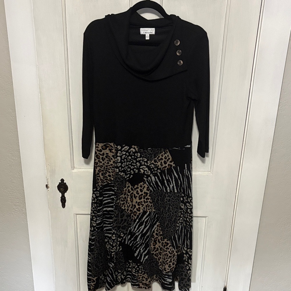 Connected Apparel Black and Brown Patterned Dress